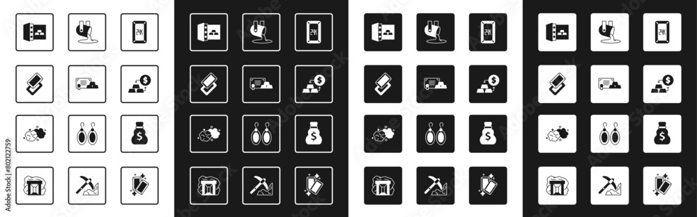 Set Gold bars 24k, with certificate, Safe gold, exchange money, Molten being poured, Old bag and nugget icon. Vector Set Gold bars 24k, with certificate, Safe gold, exchange money, Molten being poured, Old bag and nugget icon. Vector