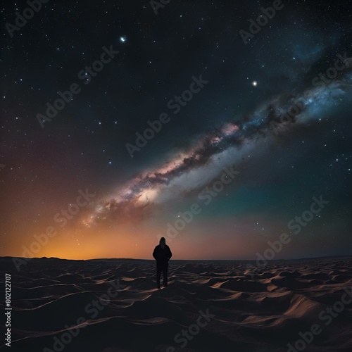 AI generated illustration of a man in desert gazing at stars and galaxy