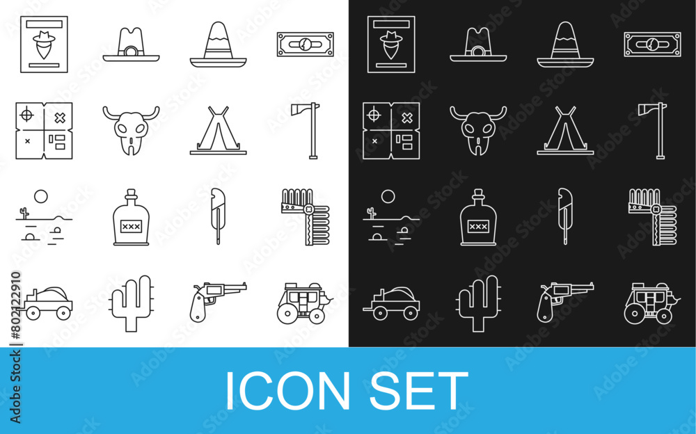 Set line Western stagecoach, Indian headdress with feathers, Tomahawk axe, Mexican sombrero hat, Buffalo skull, Treasure map, Wanted western poster and teepee or wigwam icon. Vector