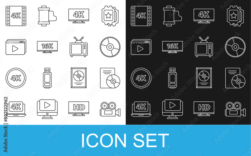 Set line Cinema camera, CD or DVD disk, Screen tv with 4k, 16k, Online play video, movie, tape, frame and Retro icon. Vector