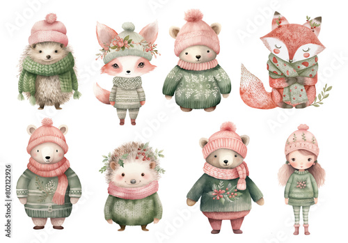 Boho set of animals wearing sweaters , hats and scarves