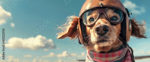 a dog in the image of a pilot in a helmet, glasses and a scarf against a blue sky