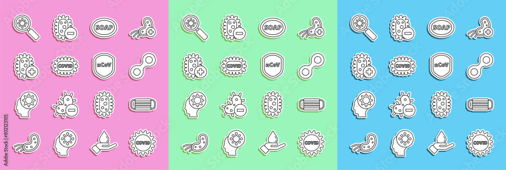 Set line Corona virus covid-19, Medical protective mask, Virus, Bar of soap, Positive, under magnifying glass and Shield protecting from icon. Vector Set line Corona virus covid-19, Medical protective mask, Virus, Bar of soap, Positive, under magnifying glass and Shield protecting from icon. Vector