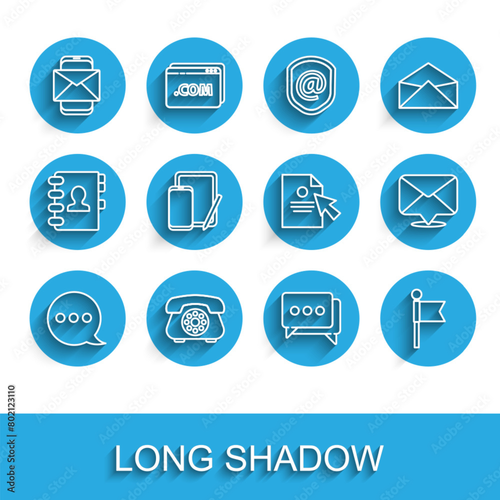 Set line Speech bubble chat, Telephone, Mobile and envelope, Location marker, Phone graphic tablet, Envelope and Document cursor icon. Vector Set line Speech bubble chat, Telephone, Mobile and envelope, Location marker, Phone graphic tablet, Envelope and Document cursor icon. Vector