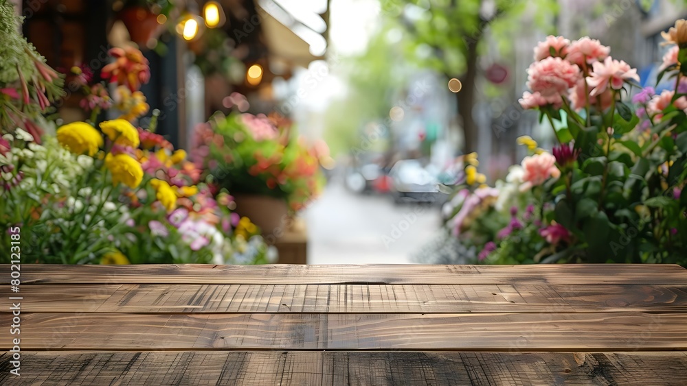 Wooden table in front of a flower shop used for product display. Concept Flower Shop, Product Display, Wooden Table, Outdoor Setting, Retail Environment Wooden table in front of a flower shop used for product display. Concept Flower Shop, Product Display, Wooden Table, Outdoor Setting, Retail Environment
