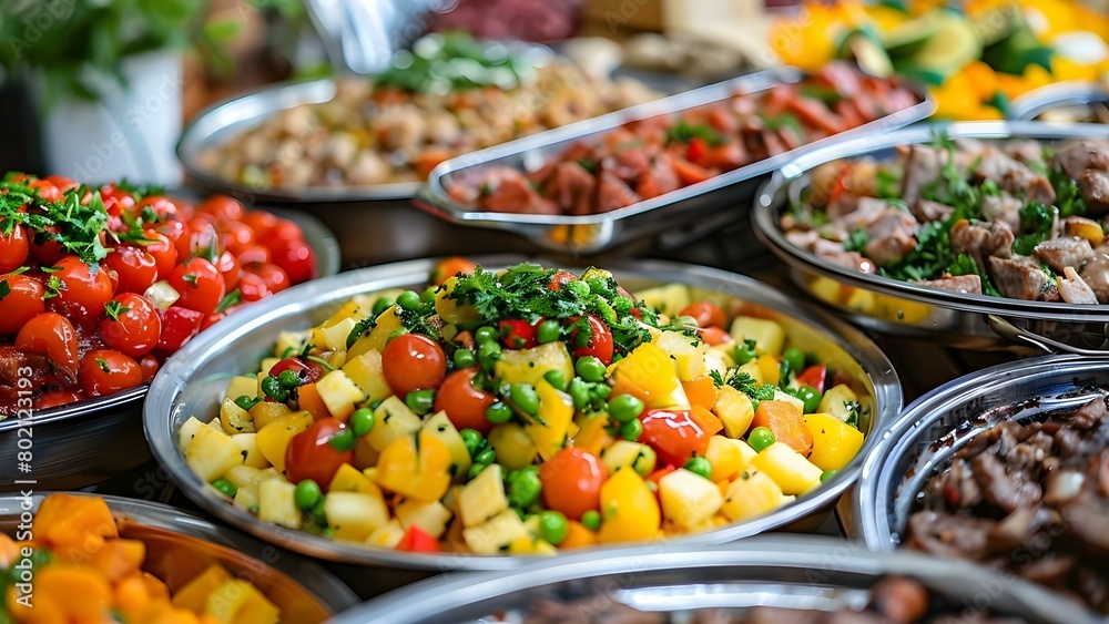 Vibrant and flavorful catering buffet with diverse meat and vegetable dishes. Concept Catering Menu, Meat Dishes, Vegetable Options, Flavorful Buffet, Vibrant Presentation