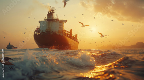 Close-up real-photo shot capturing the moment the cargo ship sets sail from the port, with natural elements like seagulls or waves adding to the scene photo