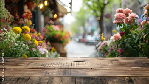 Wooden table in front of a flower shop used for product display. Concept Flower Shop, Product Display, Wooden Table, Outdoor Setting, Retail Environment © Anastasiia