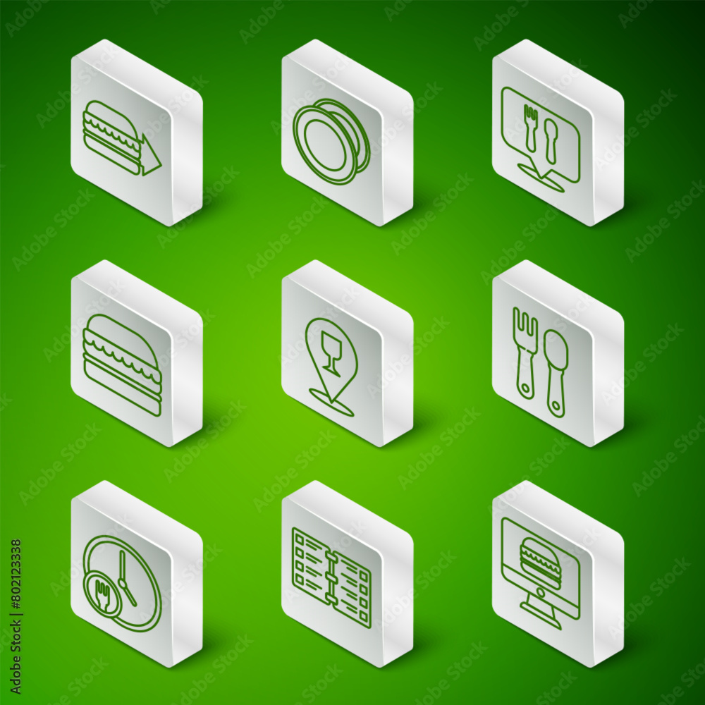Set line Online ordering and delivery, Restaurant cafe menu, burger, Alcohol beer bar location, Burger, Plate, Round the clock and Fork spoon icon. Vector Set line Online ordering and delivery, Restaurant cafe menu, burger, Alcohol beer bar location, Burger, Plate, Round the clock and Fork spoon icon. Vector