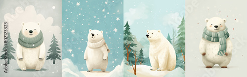 Winter cards with polar bears in scarves s