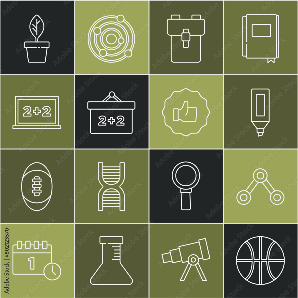 Set line Basketball ball, Molecule, Marker pen, School backpack, Chalkboard, Plant in pot and Hand thumb up icon. Vector Set line Basketball ball, Molecule, Marker pen, School backpack, Chalkboard, Plant in pot and Hand thumb up icon. Vector