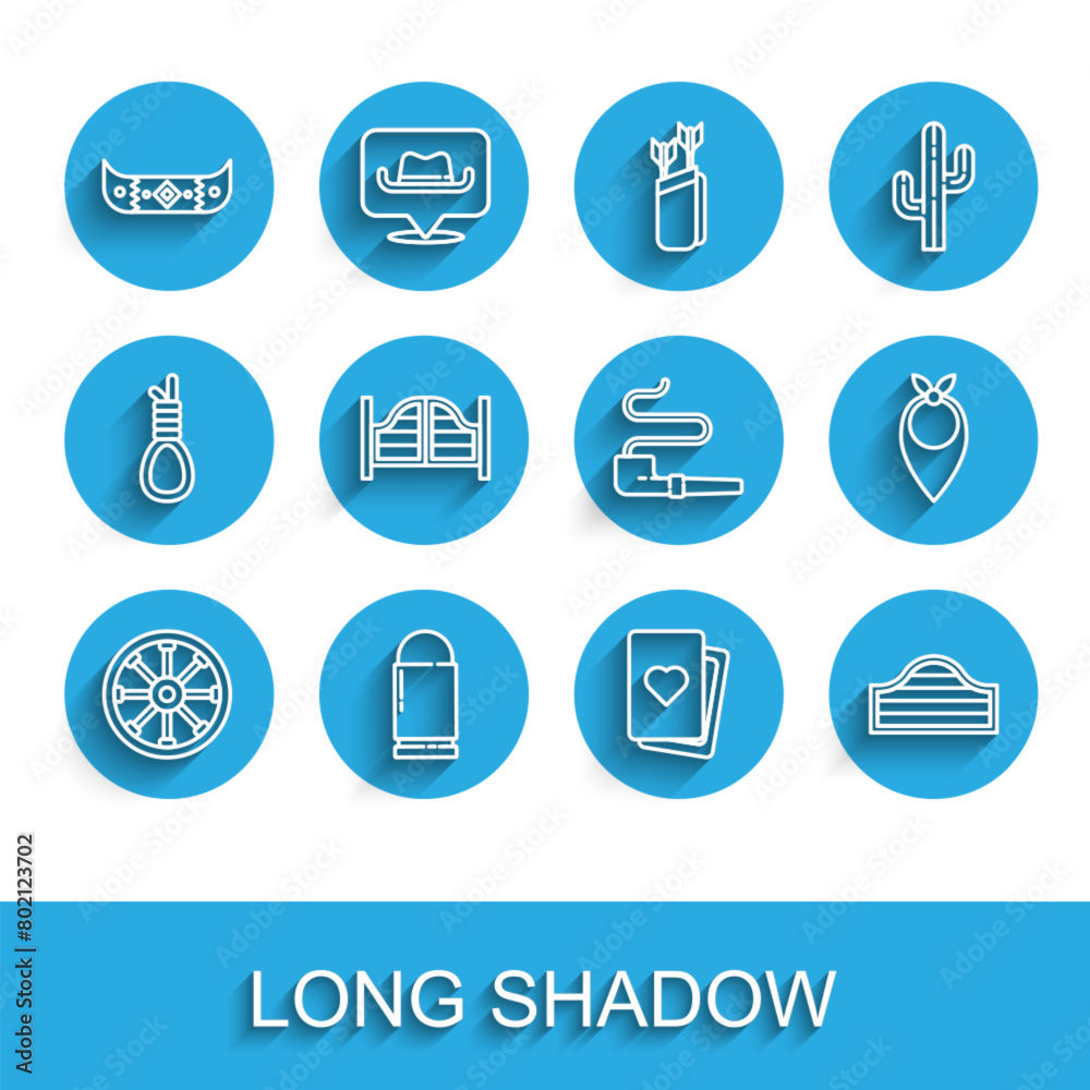 Set line Old wooden wheel, Bullet, Kayak or canoe and paddle, Deck of playing cards, Saloon door, Cowboy bandana and Smoking pipe icon. Vector Set line Old wooden wheel, Bullet, Kayak or canoe and paddle, Deck of playing cards, Saloon door, Cowboy bandana and Smoking pipe icon. Vector