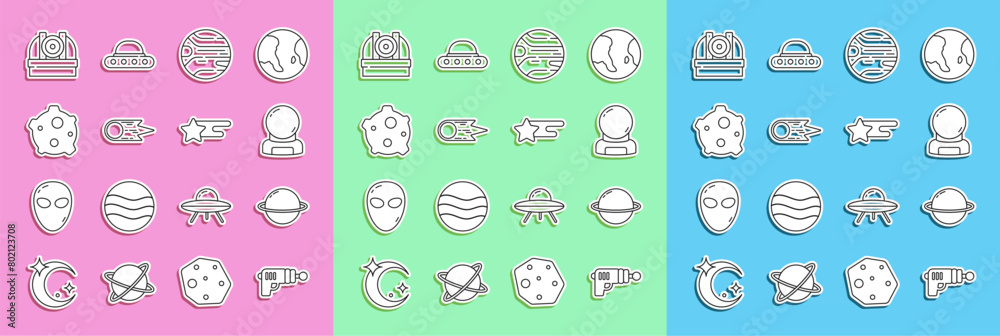 Set line Ray gun, Planet Saturn, Astronaut helmet, Comet falling down fast, Asteroid, Astronomical observatory and Falling star icon. Vector Set line Ray gun, Planet Saturn, Astronaut helmet, Comet falling down fast, Asteroid, Astronomical observatory and Falling star icon. Vector