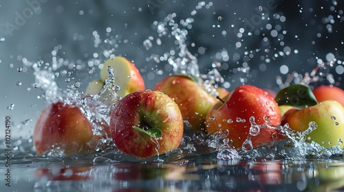 water splashing onto apple, in the style of gray background and colorful fruits, high detailed, dynamic and actionpacked, high resolution
