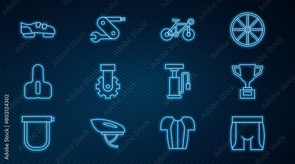 Set line Cycling shorts, Award cup with bicycle, Bicycle, Derailleur rear, seat, shoes, air pump and Swiss army knife icon. Vector Set line Cycling shorts, Award cup with bicycle, Bicycle, Derailleur rear, seat, shoes, air pump and Swiss army knife icon. Vector