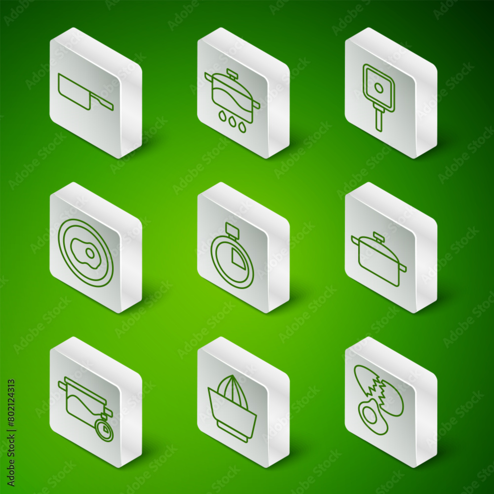 Set line Broken egg, Citrus fruit juicer, Saucepan, Stopwatch, Scrambled eggs, Cooking pot, and icon. Vector Set line Broken egg, Citrus fruit juicer, Saucepan, Stopwatch, Scrambled eggs, Cooking pot, and icon. Vector