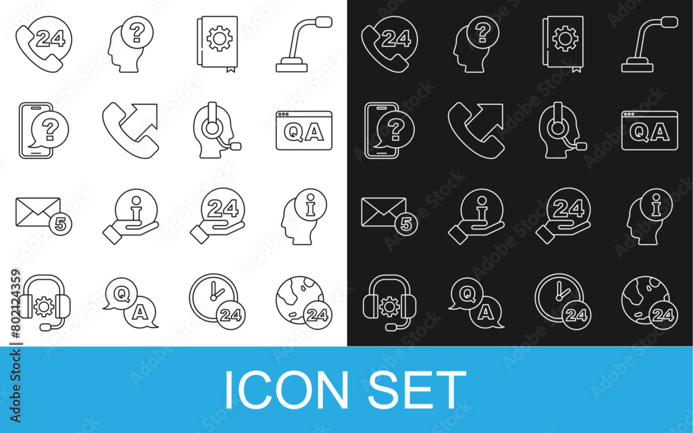 Set line Telephone 24 hours support, Information, Question and Answer, User manual, and Man with headset icon. Vector Set line Telephone 24 hours support, Information, Question and Answer, User manual, and Man with headset icon. Vector