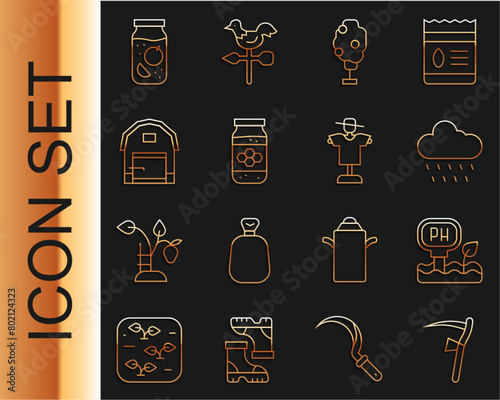 Set line Scythe, Soil ph testing, Cloud with rain, Tree apple, Jar of honey, Farm house, Jam jar and Scarecrow icon. Vector