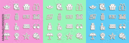 Set line Globe with flying plane, Heart shaped love glasses, Sand castle, Armchair, Suitcase, Rubber flippers for swimming, Elegant women hat and Airline ticket icon. Vector