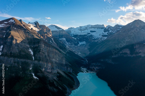 Dronl view of Louise Lake in Banff National Park, Canada, Ten Peaks Valley. Inspirational photo.