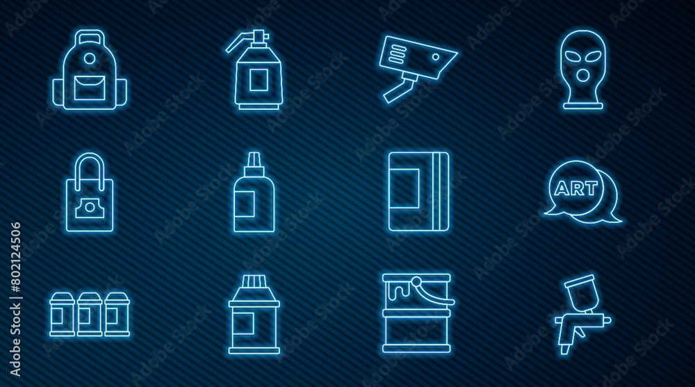 Set line Paint spray gun, Speech bubble with text art, Security camera, Paint, gouache, jar, dye, Spray can nozzle cap, School backpack, Spiral notebook and icon. Vector Set line Paint spray gun, Speech bubble with text art, Security camera, Paint, gouache, jar, dye, Spray can nozzle cap, School backpack, Spiral notebook and icon. Vector