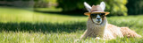 A llama in sunglasses rests on the lawn. Banner.