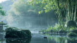 A small river running a lush green bamboo forest , misty, offering a peaceful and picturesque view of nature. Zen natural background