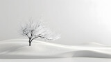 Solitary tree amidst the snowy landscape, rippled white landscape, Zen image with copy space