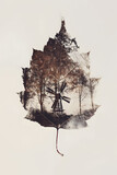 Double exposure image of a windmill on a leaf with trees in background