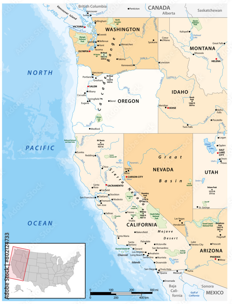 Political and administrative vector map of the Western United States of America