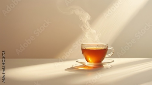 A steaming cup of herbal tea, exuding warmth and comfort on a white studio backdrop