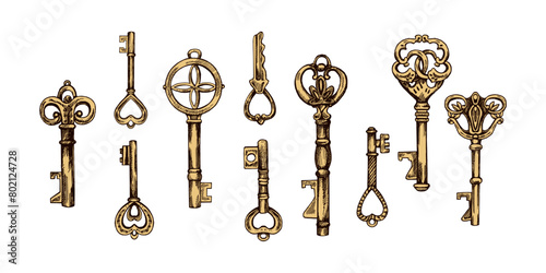 Hand-drawn colored set of vintage decorative keys sketches with intricate forging. Ink and pen drawing illustration, keys on white background.