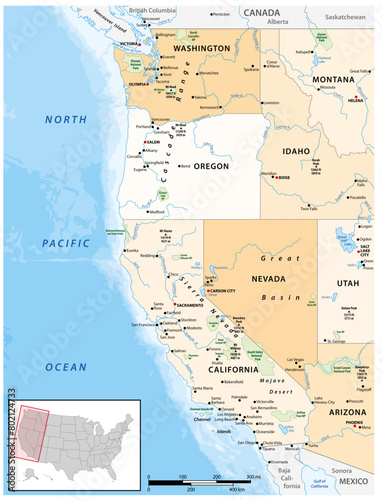 Obraz na płótnie Political and administrative vector map of the Western United States of America w salonie
