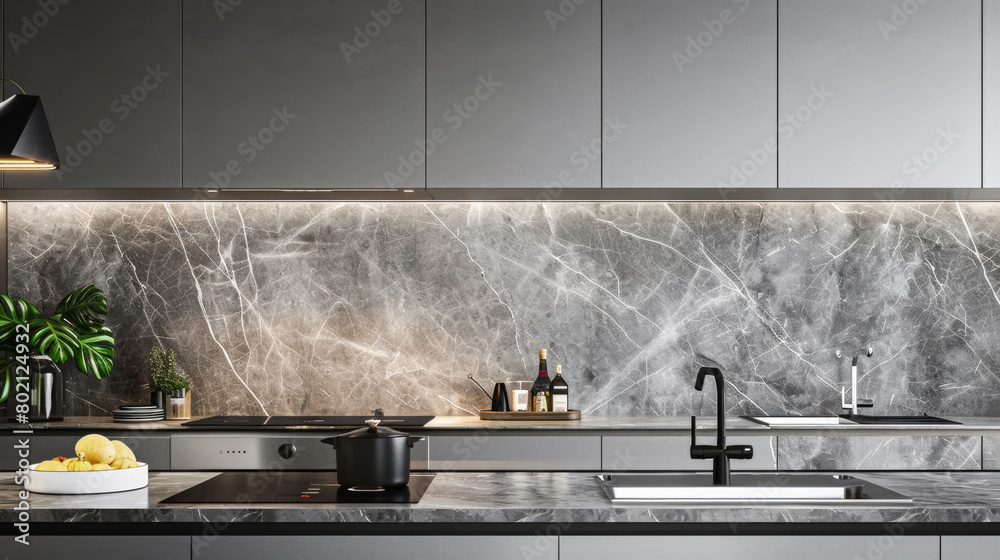 A kitchen with a marble countertop and a black pot on the stove. A potted plant is on the countertop A kitchen with a marble countertop and a black pot on the stove. A potted plant is on the countertop