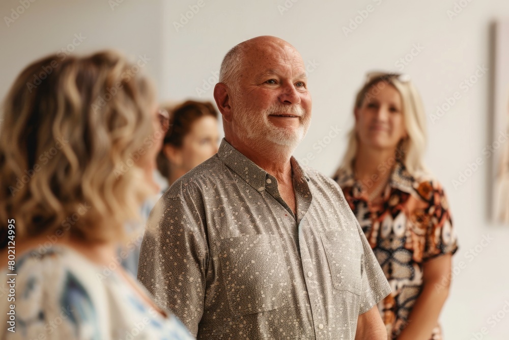 Senior man in front of a group of people in art gallery. Senior man in front of a group of people in art gallery.