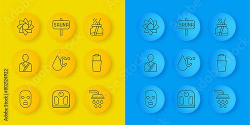 Set line Facial cosmetic mask, Man in the sauna, Water temperature, Shower, Sauna bucket, Flower, Aroma diffuser and icon. Vector