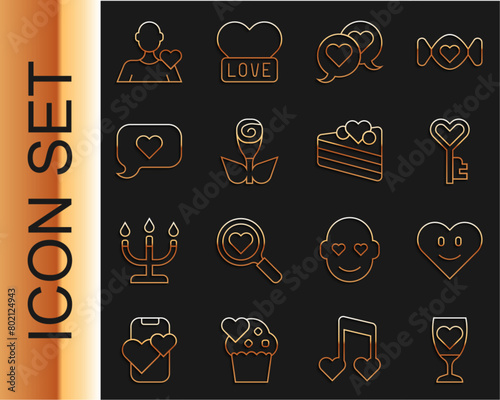 Set line Glass of champagne, Heart, Key in heart shape, speech bubble, Flower rose, Romantic man and Wedding cake icon. Vector