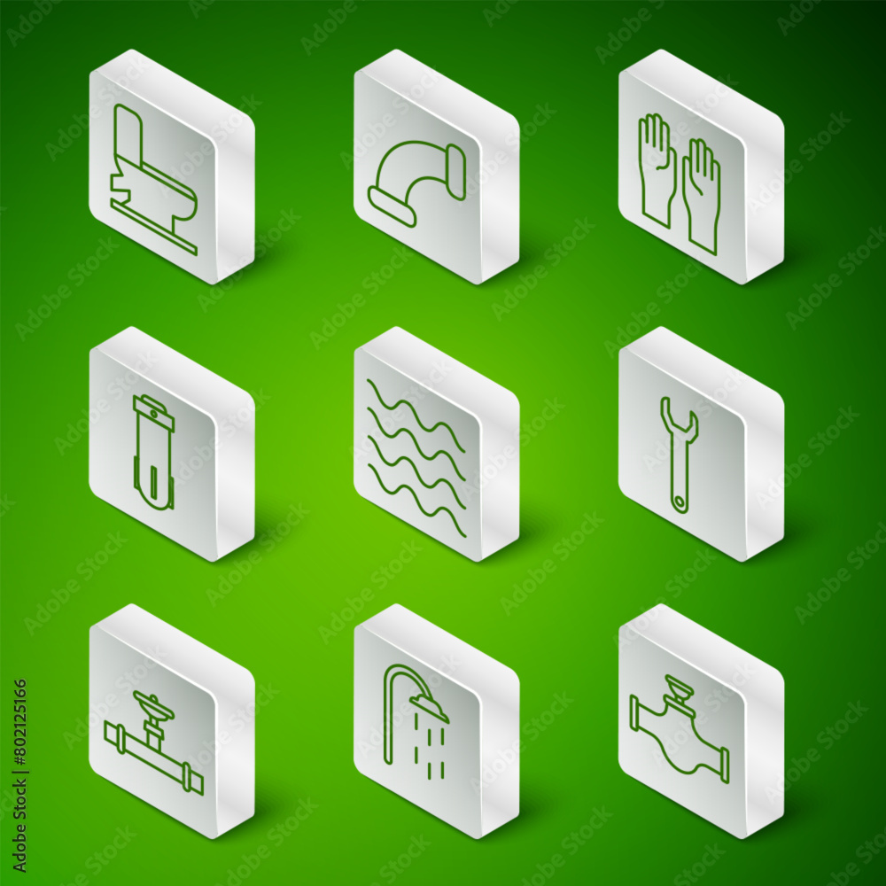 Set line Industry pipe and valve, Shower, Toilet bowl, Wave, Water filter, metallic, and Wrench spanner icon. Vector Set line Industry pipe and valve, Shower, Toilet bowl, Wave, Water filter, metallic, and Wrench spanner icon. Vector