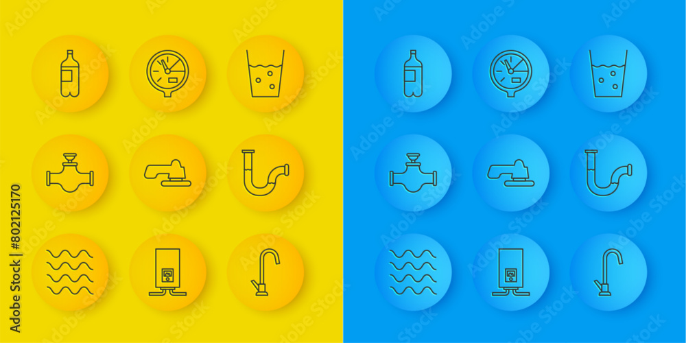 Set line Wave, Industry pipe and valve, Water tap, metallic, Bottle of water, Glass with and meter icon. Vector