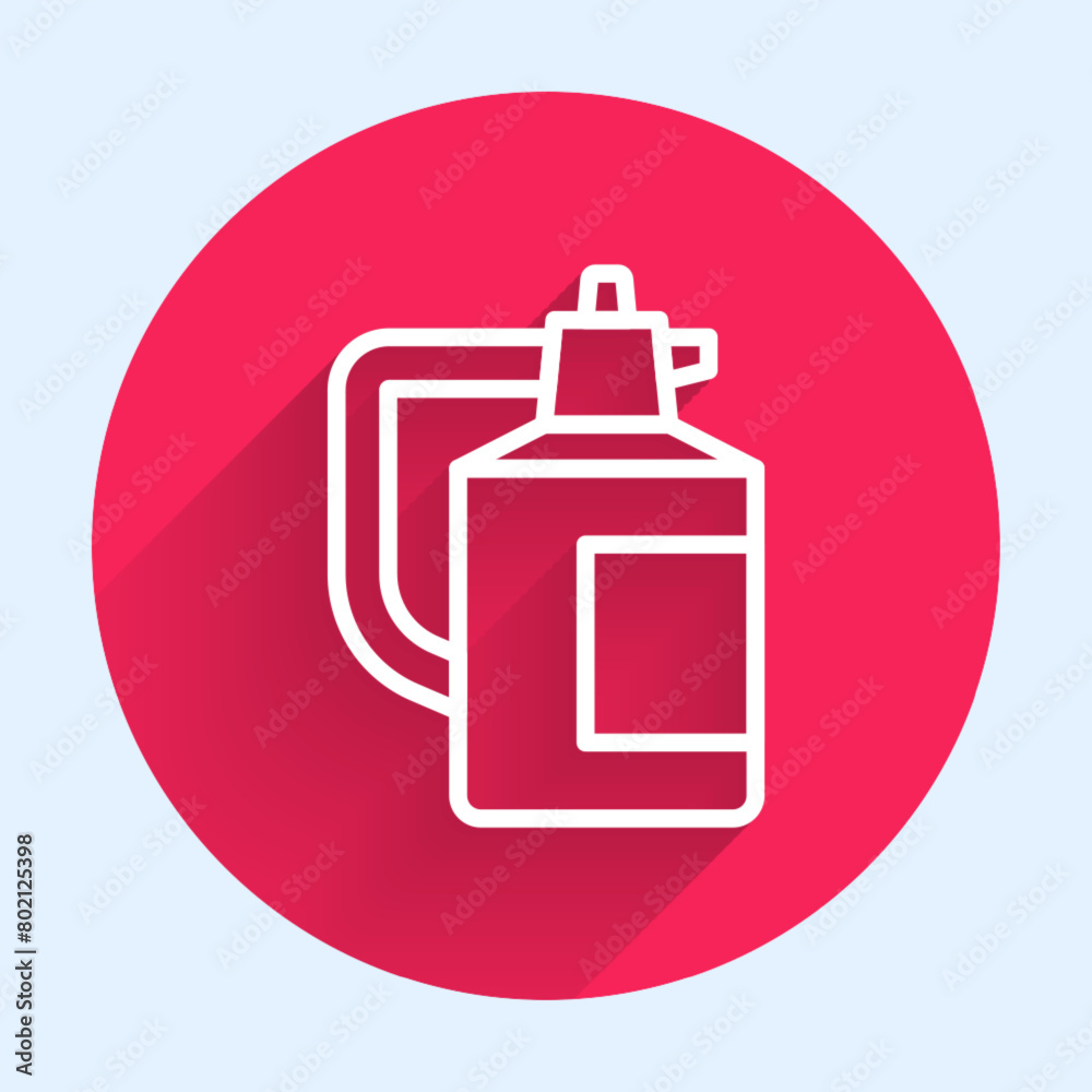 White line Garden sprayer for water, fertilizer, chemicals icon isolated with long shadow. Red circle button. Vector White line Garden sprayer for water, fertilizer, chemicals icon isolated with long shadow. Red circle button. Vector