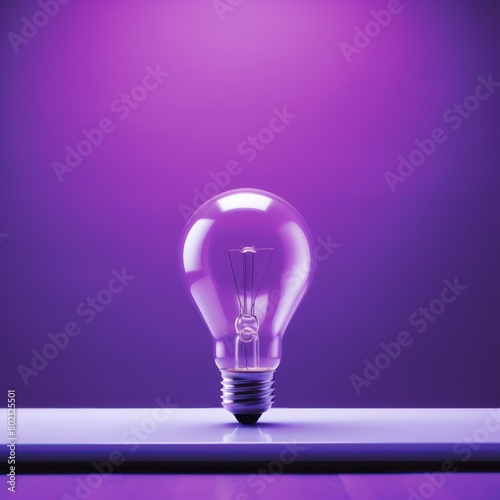 Violet backdrop with illuminated lightbulb on a white platform symbolizing ideas and creativity business concept creative thinking innovation new idea