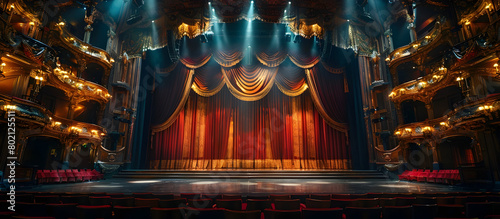 Lavish Theater Stage with Crimson Curtains and Glittering Golden Tassels Exuding an Opulent and Sophisticated Ambiance for Captivating Performances