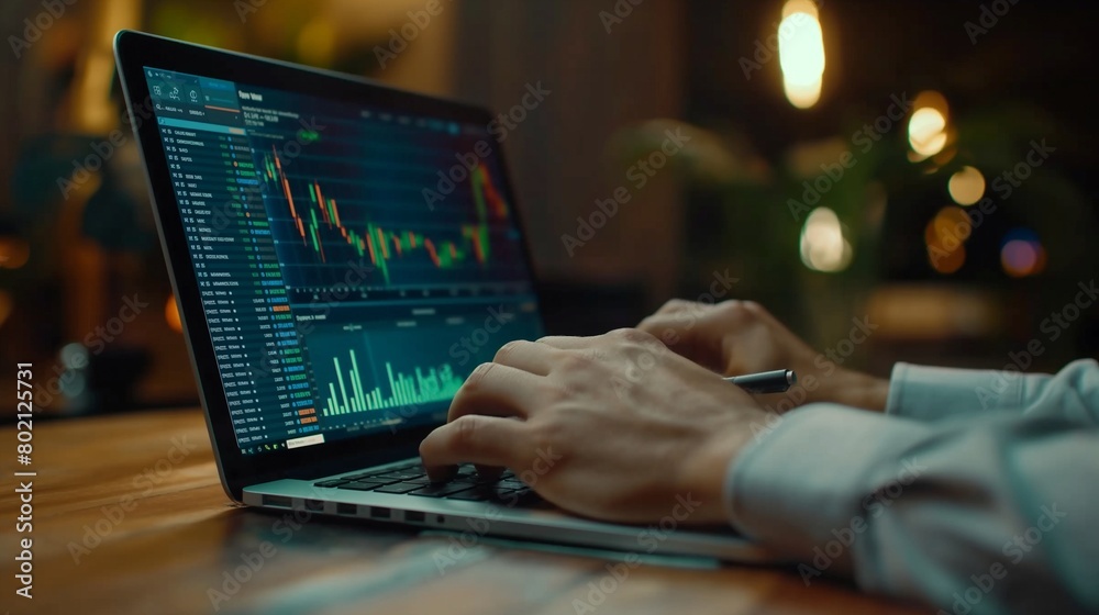 A business analyst working on a laptop with financial charts A business analyst working on a laptop with financial charts