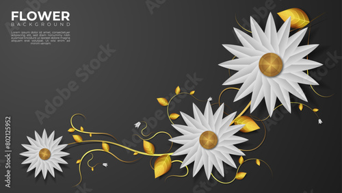 Elegant papercut style white flower background with golden leaves and stem