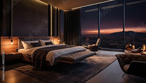 A bedroom with a large window providing a view of the city skyline, elegantly styled like a luxurious hotel room