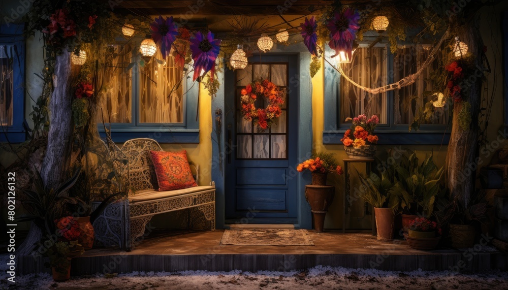 A porch with a single chair and several potted plants arranged in a neat and orderly manner A porch with a single chair and several potted plants arranged in a neat and orderly manner