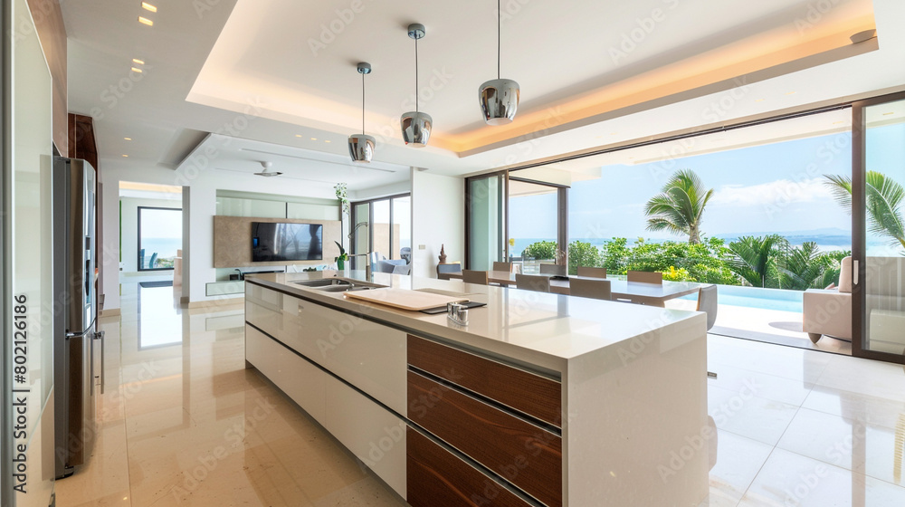 Illustration of a modern kitchen in an elegant modern villa. The kitchen showcases sleek surfaces, clean lines and minimalist design, creating a visually striking aesthetic. High-end appliances, inclu