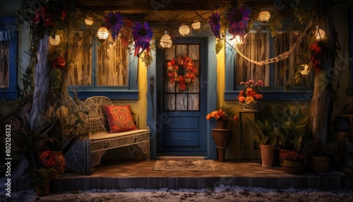 A porch with a single chair and several potted plants arranged in a neat and orderly manner © Anna