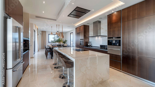 Illustration of a modern kitchen in an elegant modern villa. The kitchen showcases sleek surfaces, clean lines and minimalist design, creating a visually striking aesthetic. High-end appliances, inclu