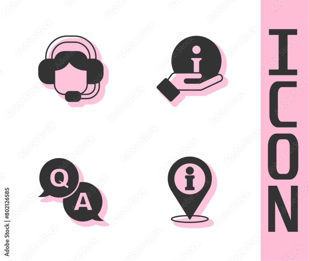 Set Location with information, Woman headset, Question and Answer and Information icon. Vector Set Location with information, Woman headset, Question and Answer and Information icon. Vector